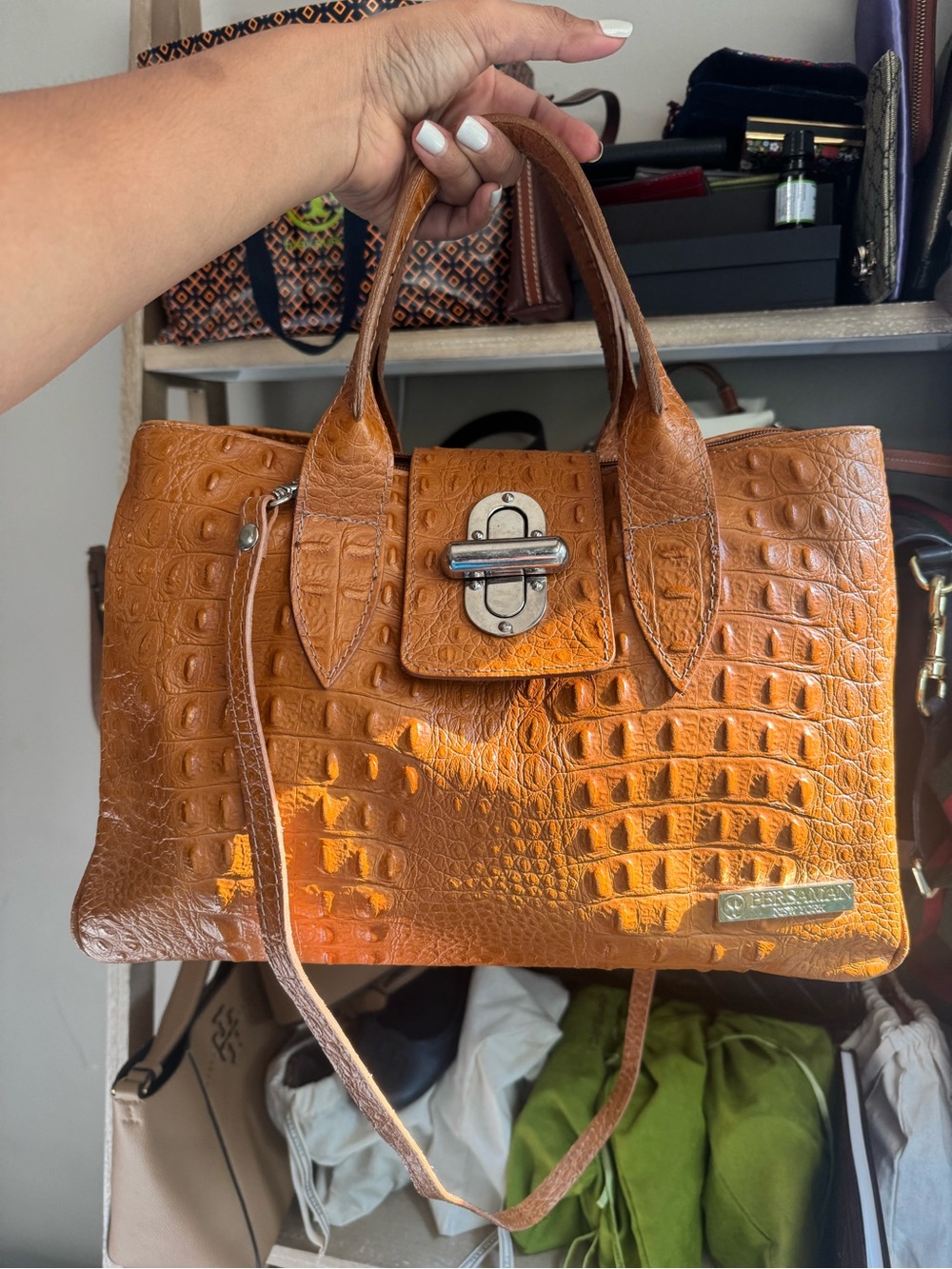 Persaman New York Croc-Embossed Satchel Handbag - Cognac Brown